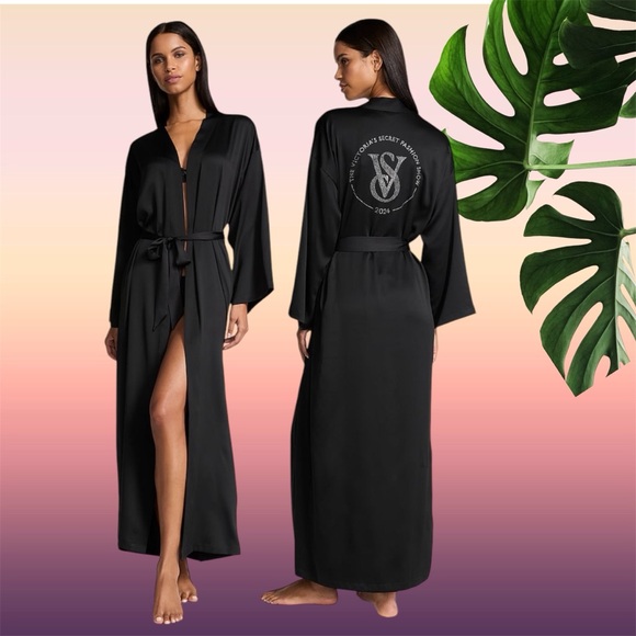 NEW XS/S VICTORIA'S SECRET FASHION SHOW 24’ BLACK Glazed Satin Long Robe - Picture 6 of 8